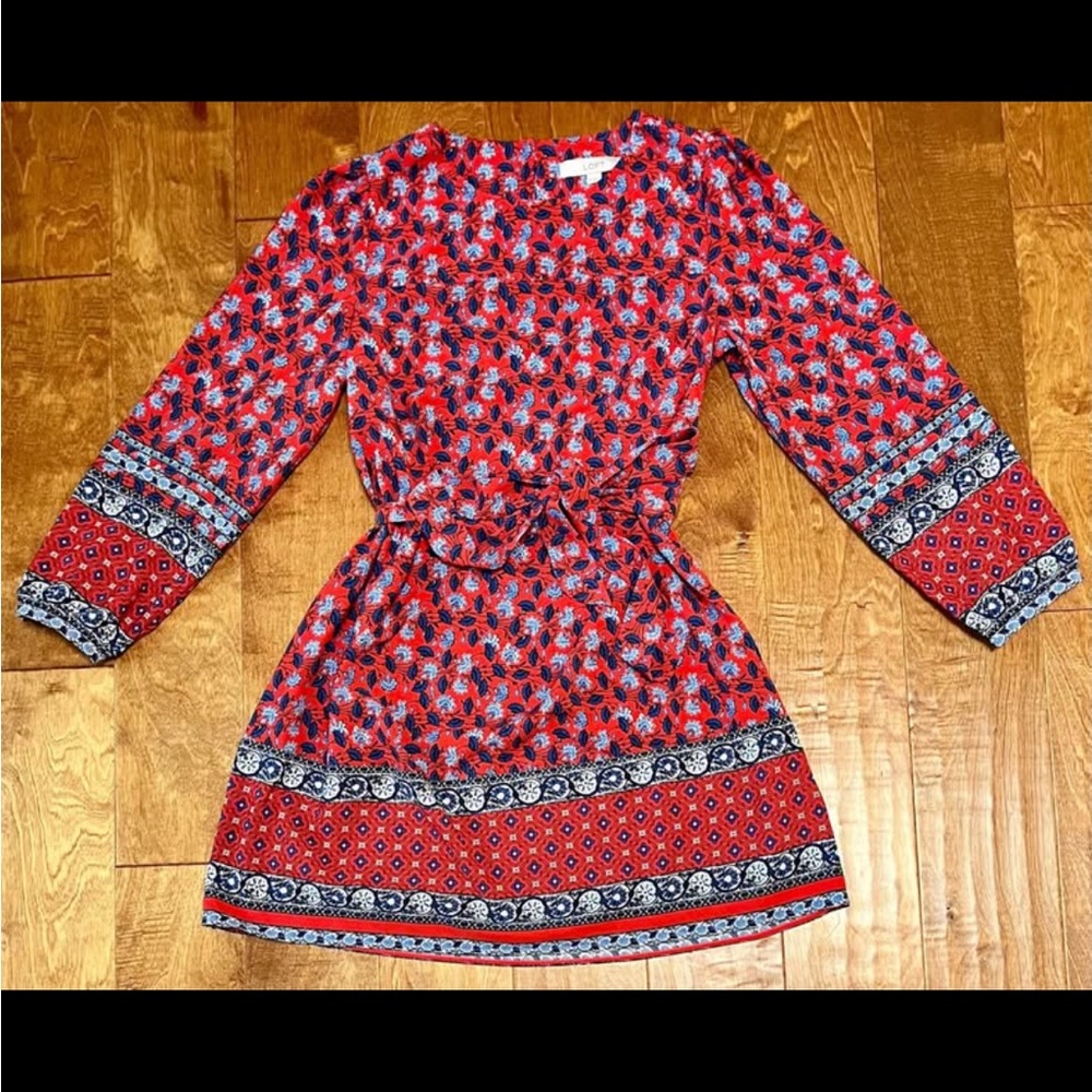 Womens Ann Taylor Loft Long-Sleeve Border Floral Tie-Waist Dress - Petite Medium